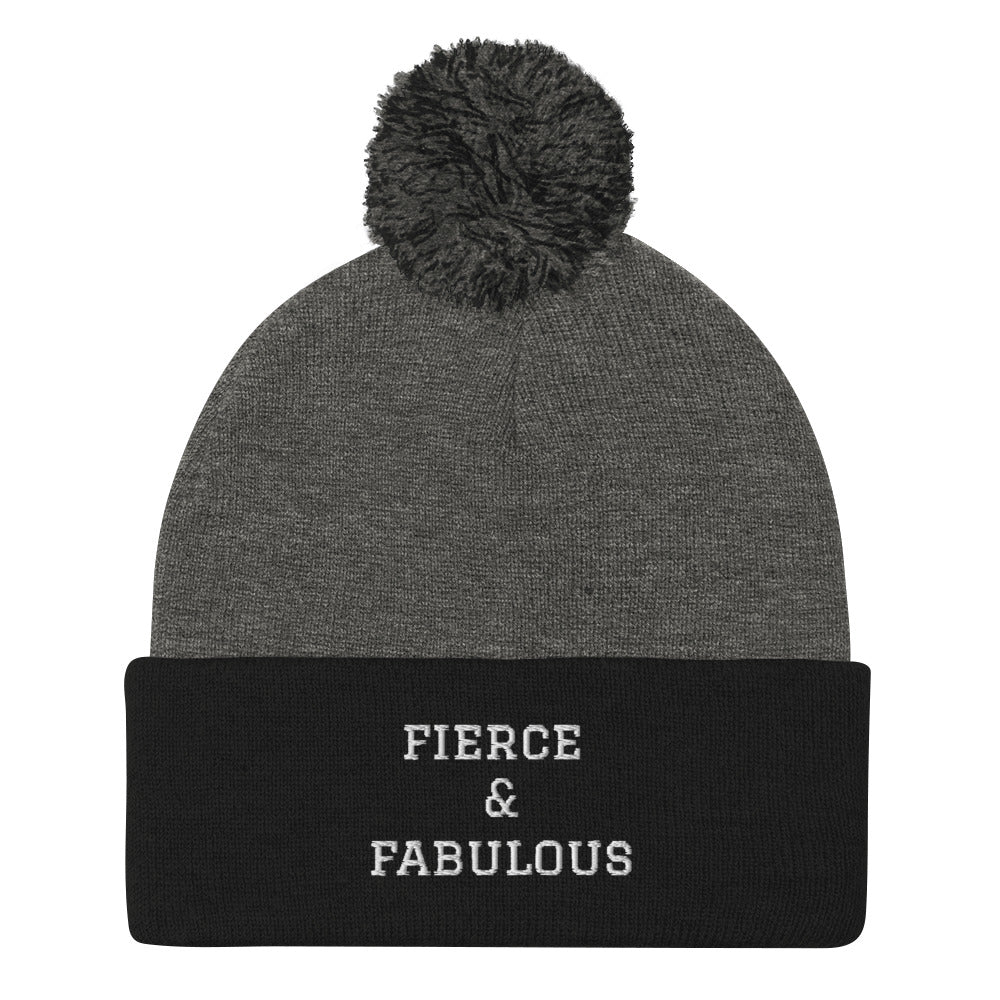 "Fierce & Fabulous" Embroidered Pom-Pom Beanie
