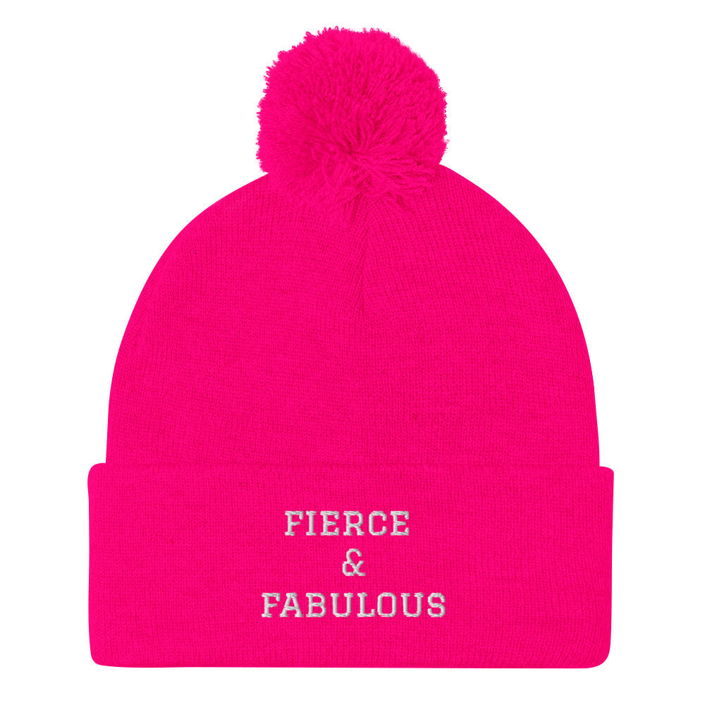 "Fierce & Fabulous" Embroidered Pom-Pom Beanie