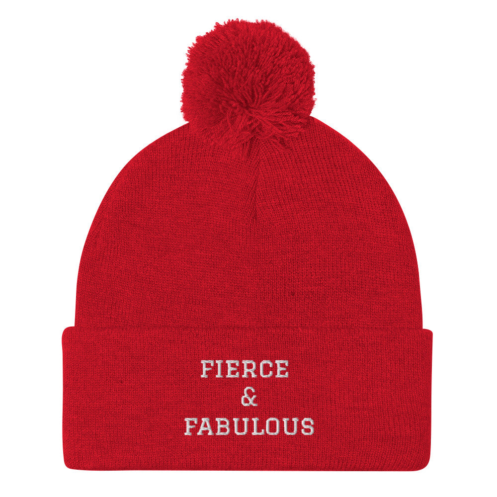 "Fierce & Fabulous" Embroidered Pom-Pom Beanie